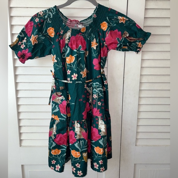 NWT Tea Collection Puff Sleeve Tie Waist Dress in Forest Floral Green size 5 - Picture 2 of 4